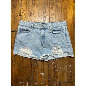 Pretty Little Thing Boyfriend Shorts Women's 10 Blue Denim Distressed Cut Out